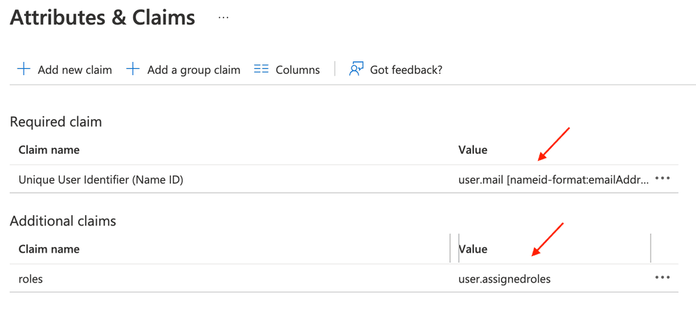 Table showing required claim 'user.mail' and additional claim 'roles' with values.