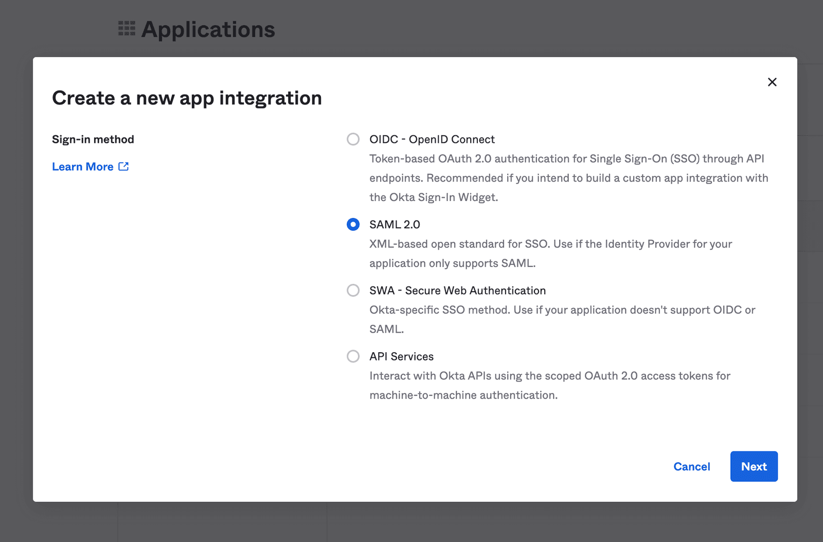 Create a new app integration with SAML 2.0 selected for sign-in method.