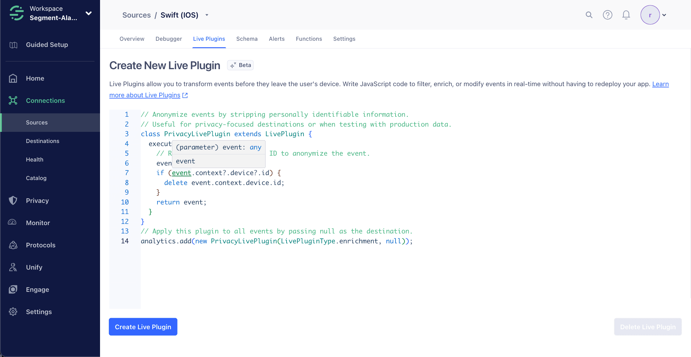 Code editor showing PrivacyLivePlugin class in Swift for anonymizing events.