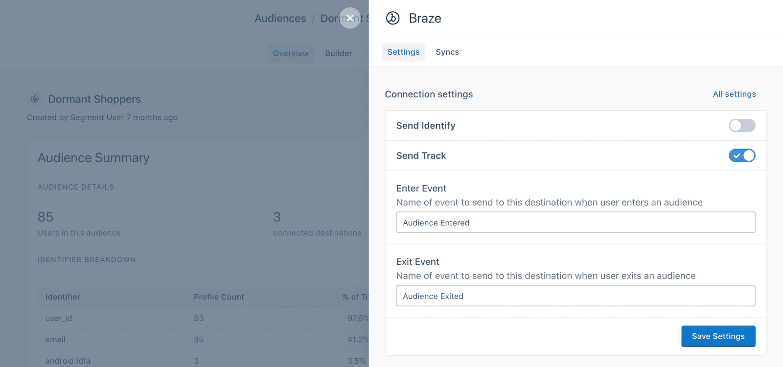 A screenshot of the Braze settings tab in Segment, with the Send Track setting enabled, Enter Event and Exit Event fields configured.