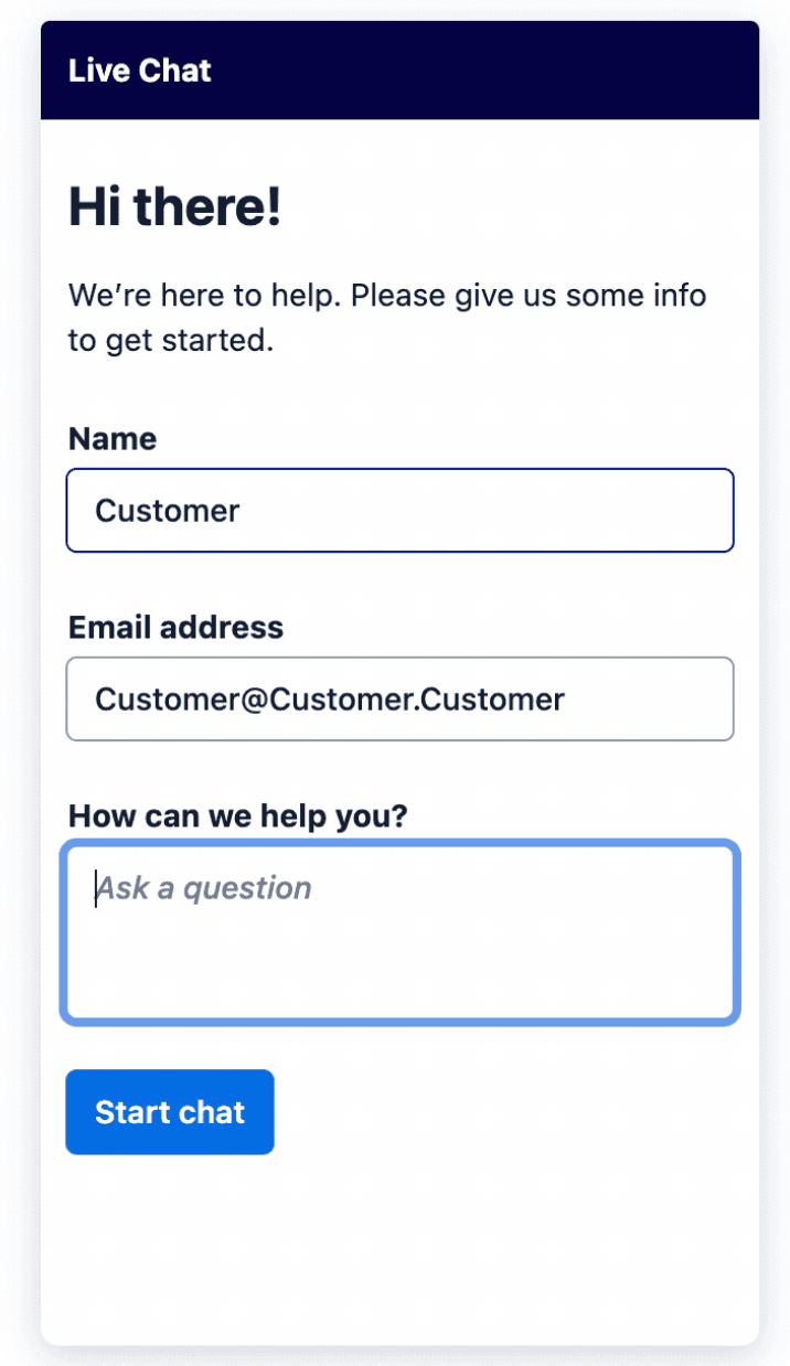 Live chat form with fields for name, email, and message.