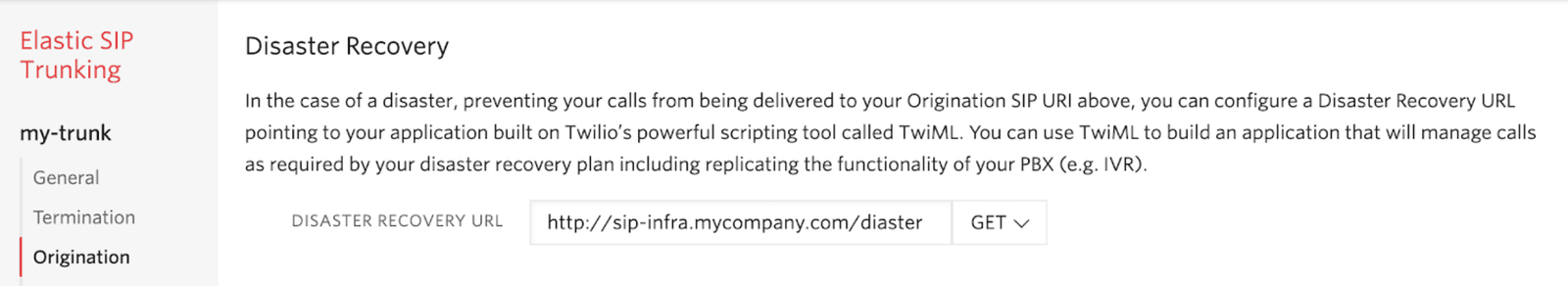 Disaster recovery configuration for SIP trunk with URL input field.