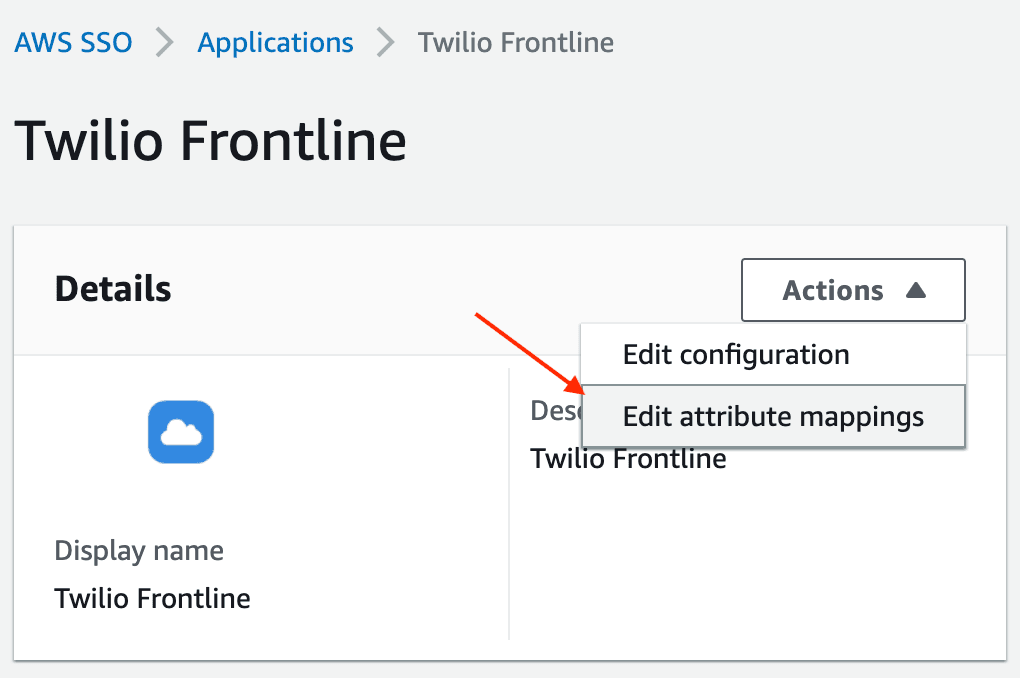 AWS SSO Twilio Frontline application with edit attribute mappings option.