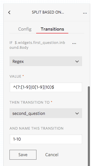 Regex configuration for values 1 to 10 with transition to second_question.