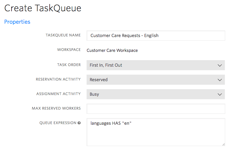 TaskQueue setup with name, workspace, task order, and queue expression for English language.