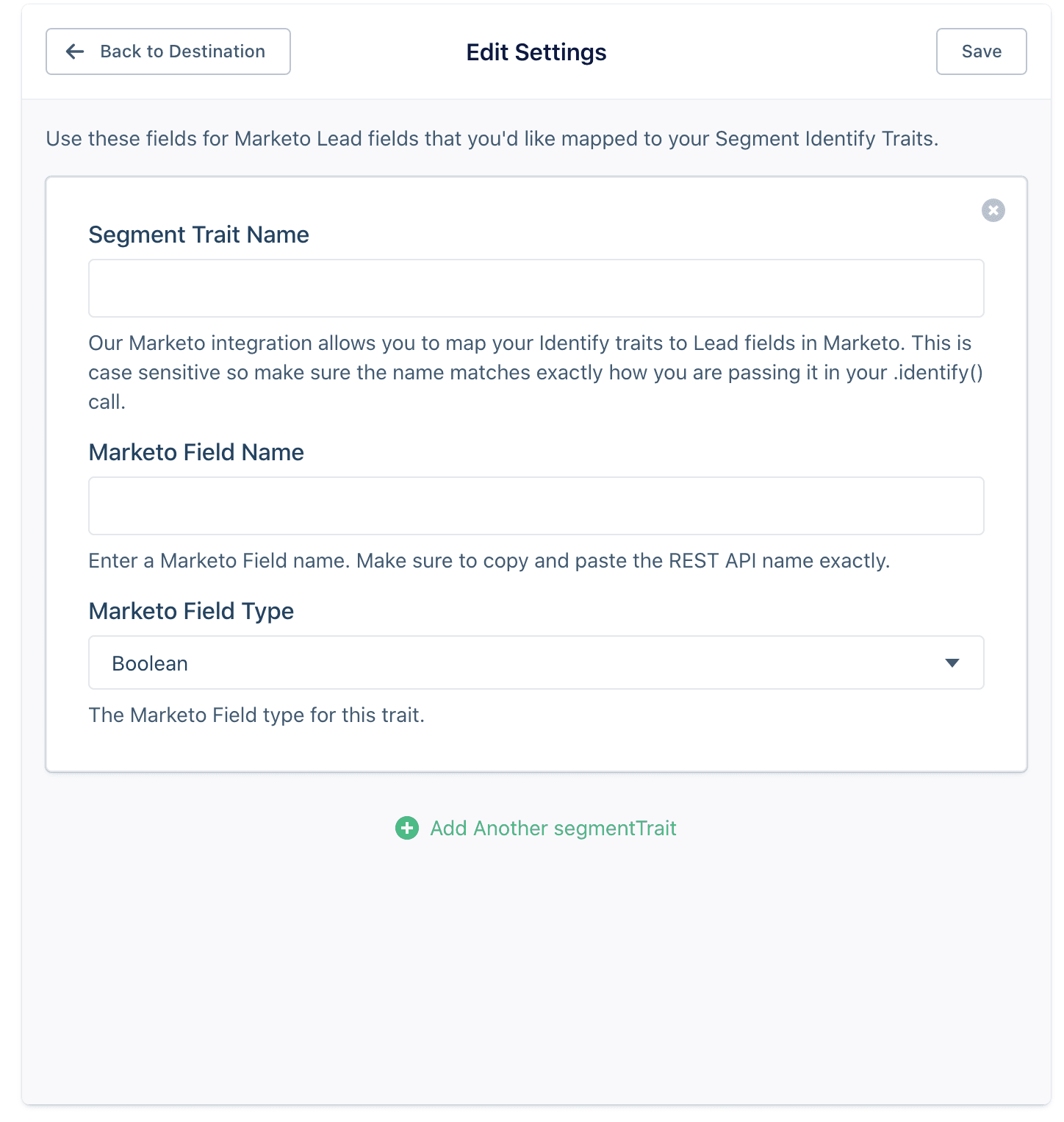 Marketo settings page with fields for Segment Trait Name, Marketo Field Name, and Marketo Field Type.