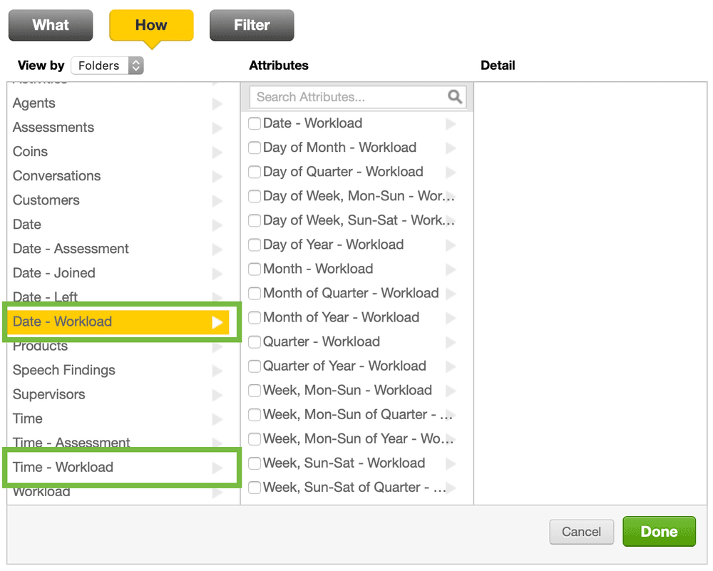 Report builder with Date - Workload and Time - Workload options highlighted.