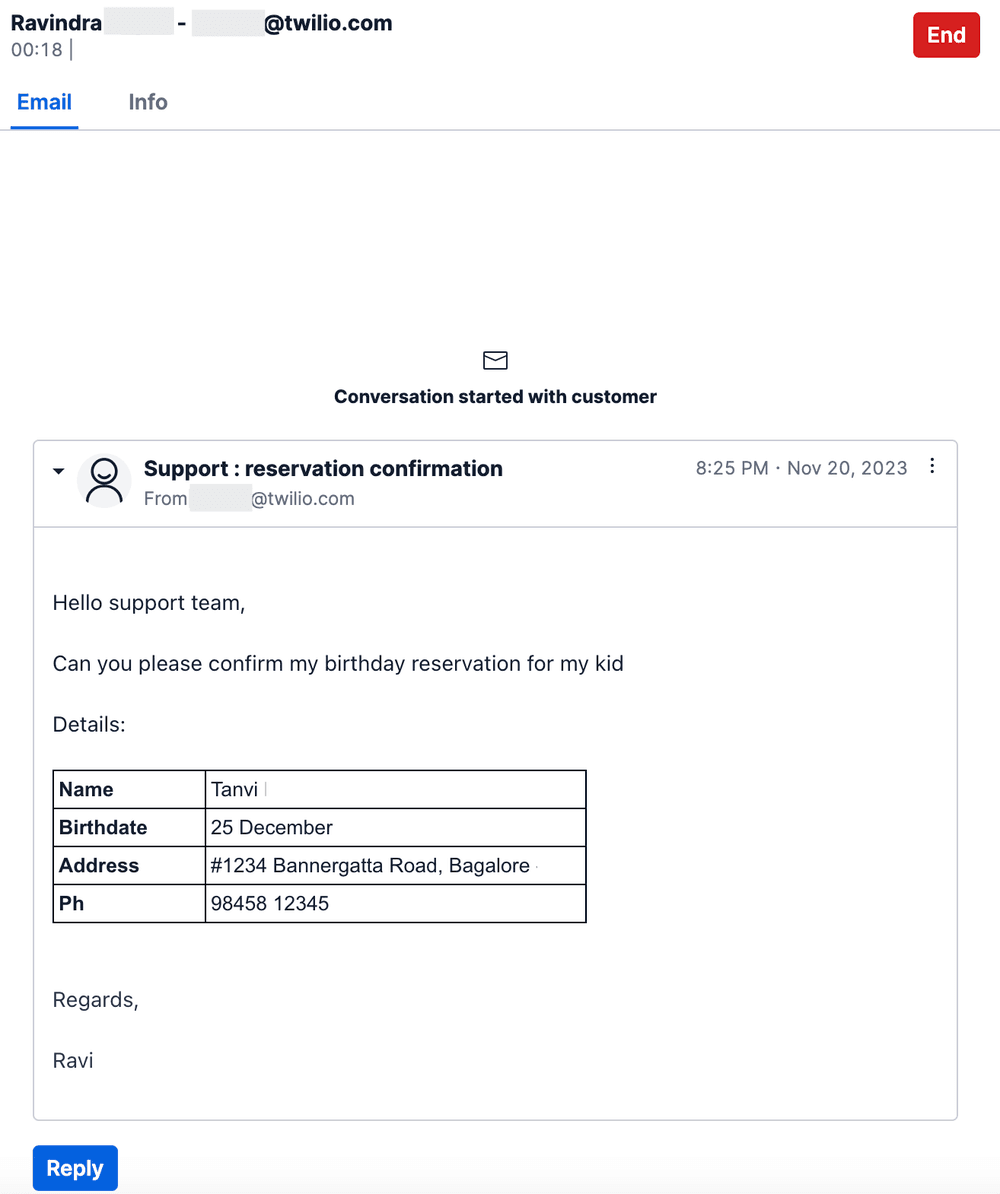 Email showing a reservation confirmation request with a table of details.