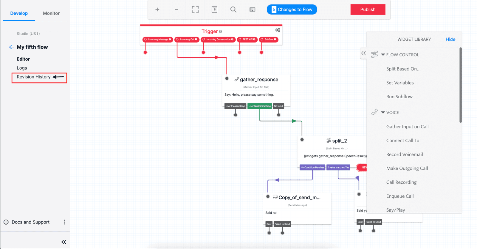 Twilio Studio Canvas showing a flow with Revision History highlighted in the left panel.