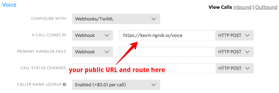 Voice settings with webhook URL for incoming calls and call status changes.