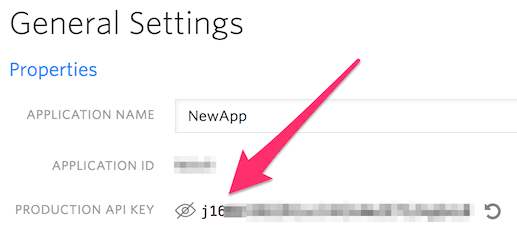 General settings showing production API key partially hidden for NewApp.