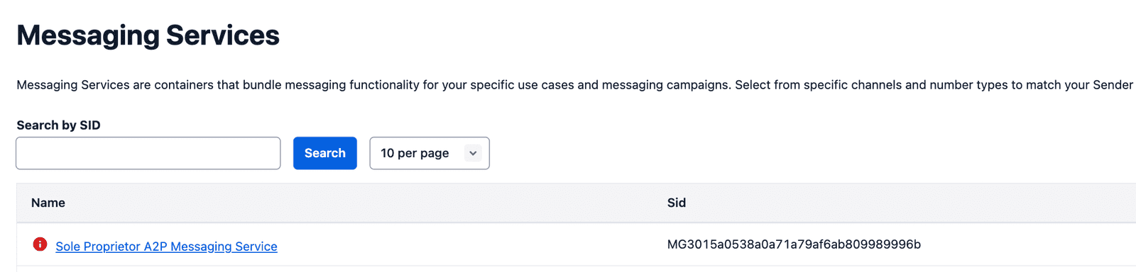 Messaging services list with search by SID and sole proprietor A2P messaging service.
