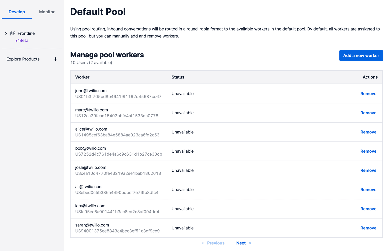 Default pool worker list with email, ID, status unavailable, and remove option.