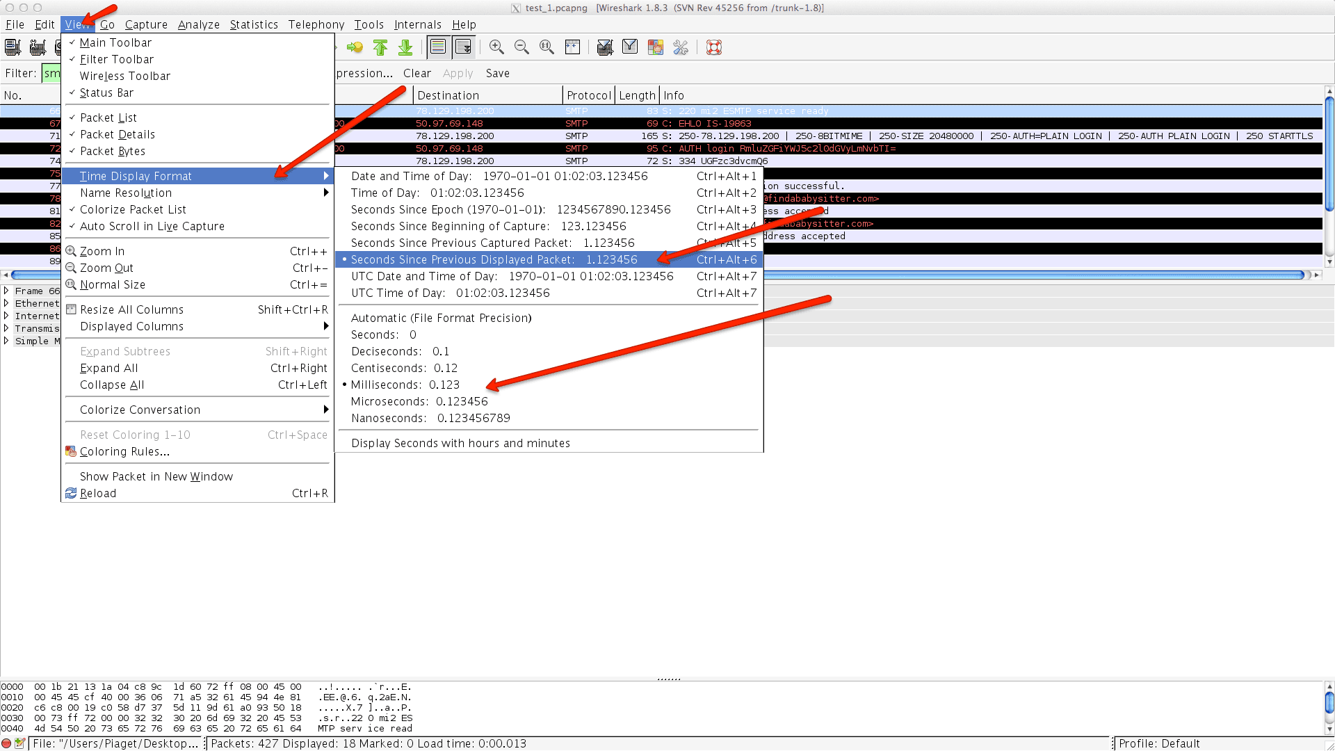 Wireshark menu showing time display format options with seconds precision highlighted.
