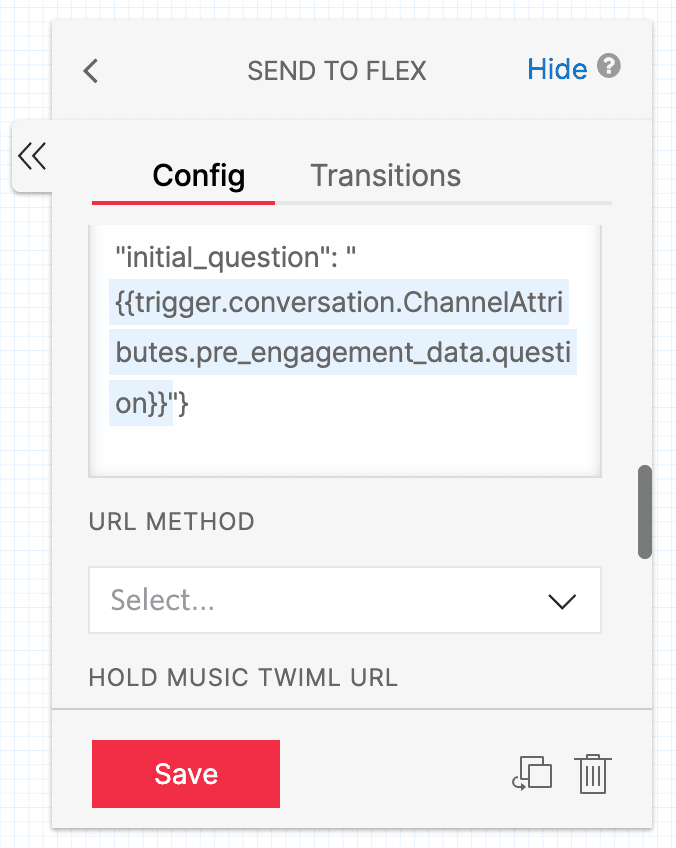 Config tab showing initial question setup with dynamic data placeholder.