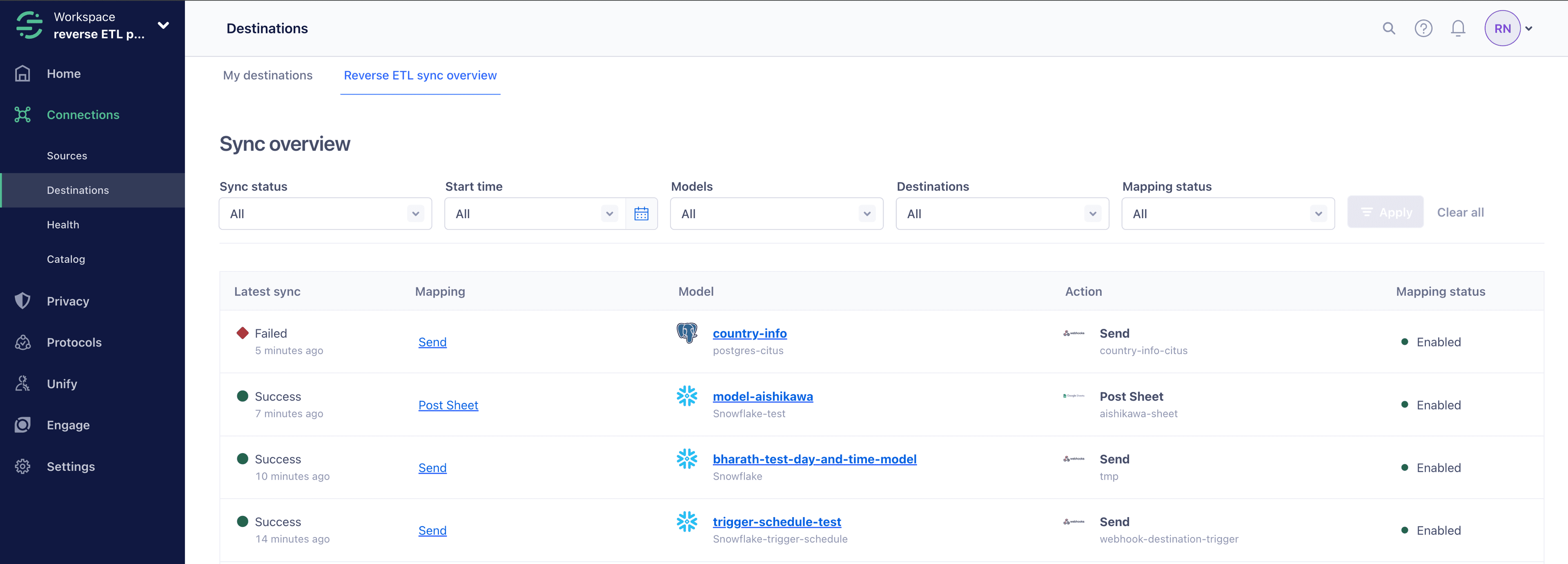 Sync overview with one failed and three successful syncs, showing models and mapping status.