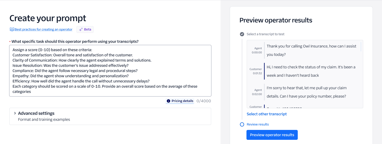 Interface for creating a generative custom operator with scoring criteria and transcript preview.