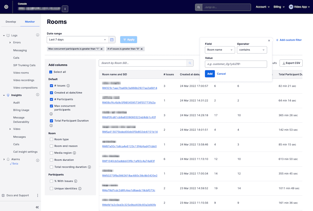 Rooms list with filters for date range, issues, and participant count, showing room names and details.