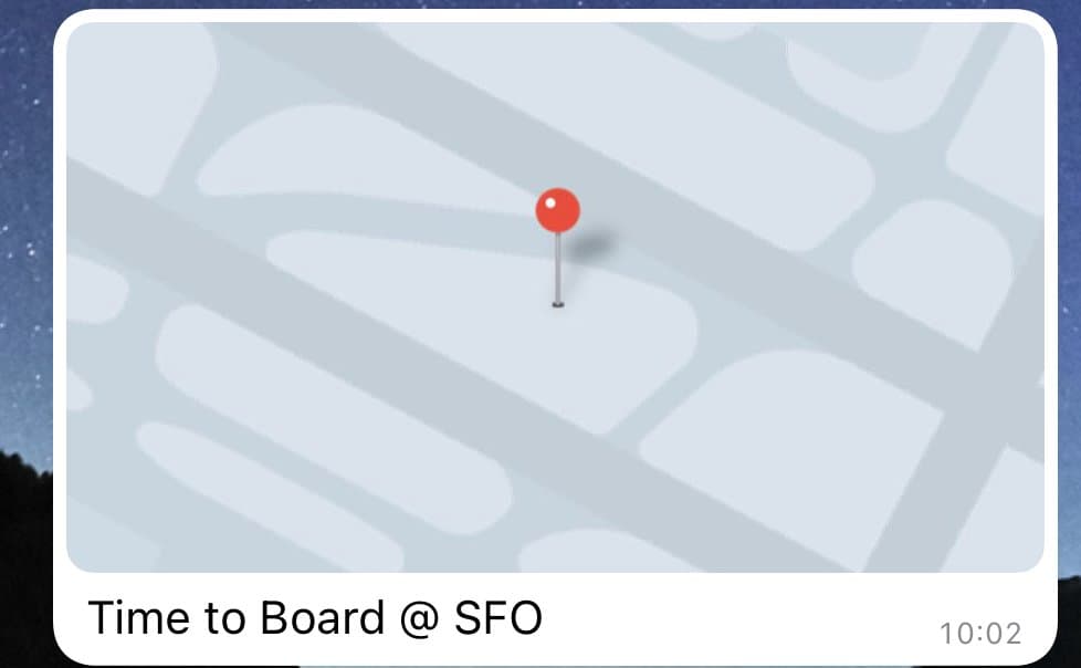 Map with red location pin labeled 'Time to Board @ SFO', timestamp 10:02.