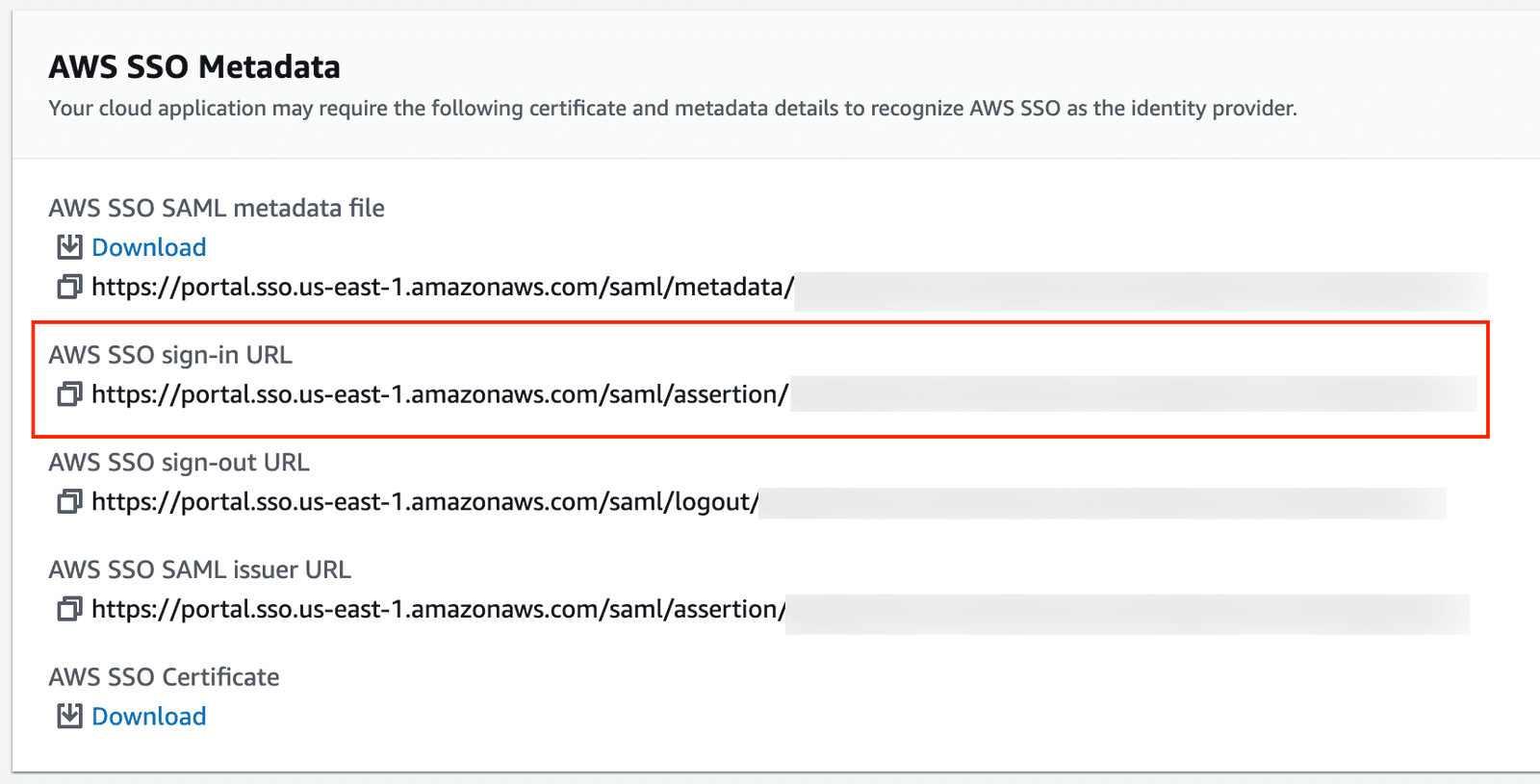 AWS SSO Metadata form with options to manually type metadata values or upload SAML metadata file.
