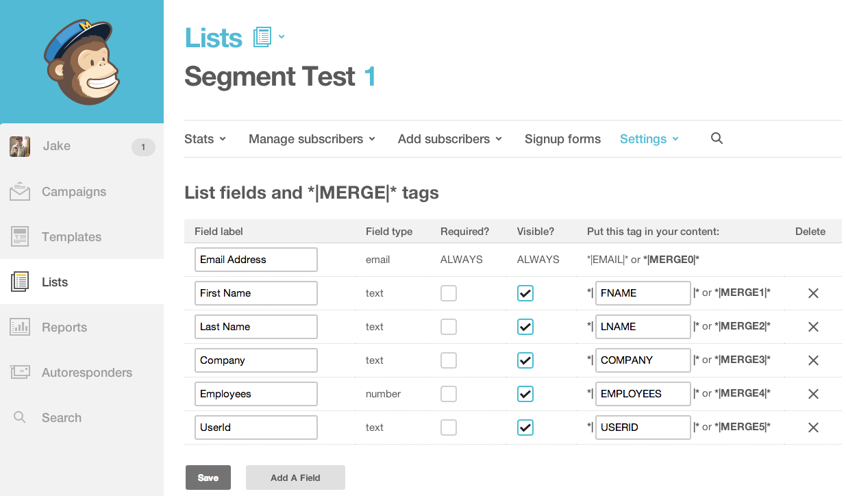 Mailchimp list fields with merge tags for email, first name, last name, company, employees, and user ID.