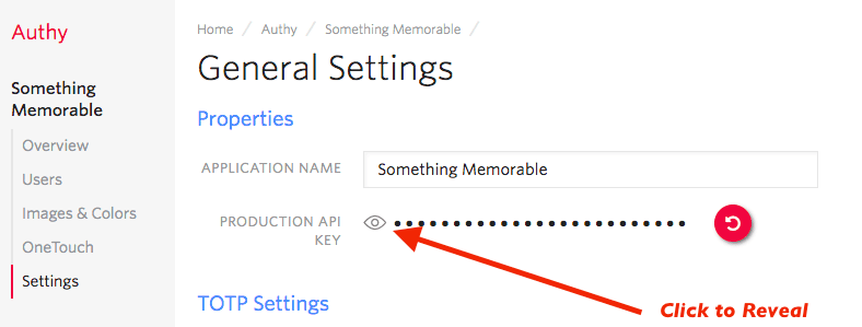 General settings page showing production API key with reveal option.