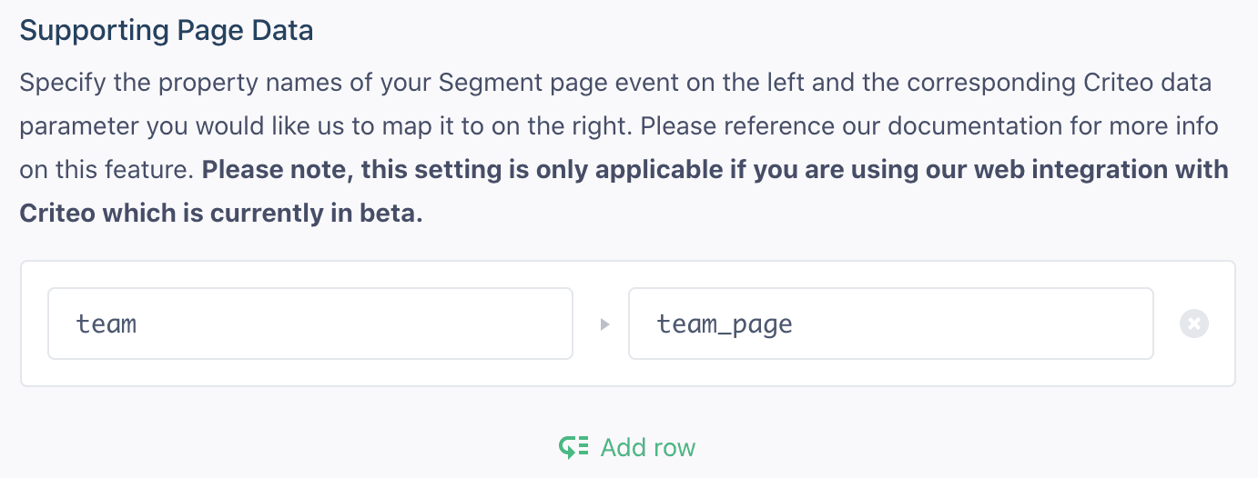 Mapping Segment event 'team' to Criteo parameter 'team_page'.