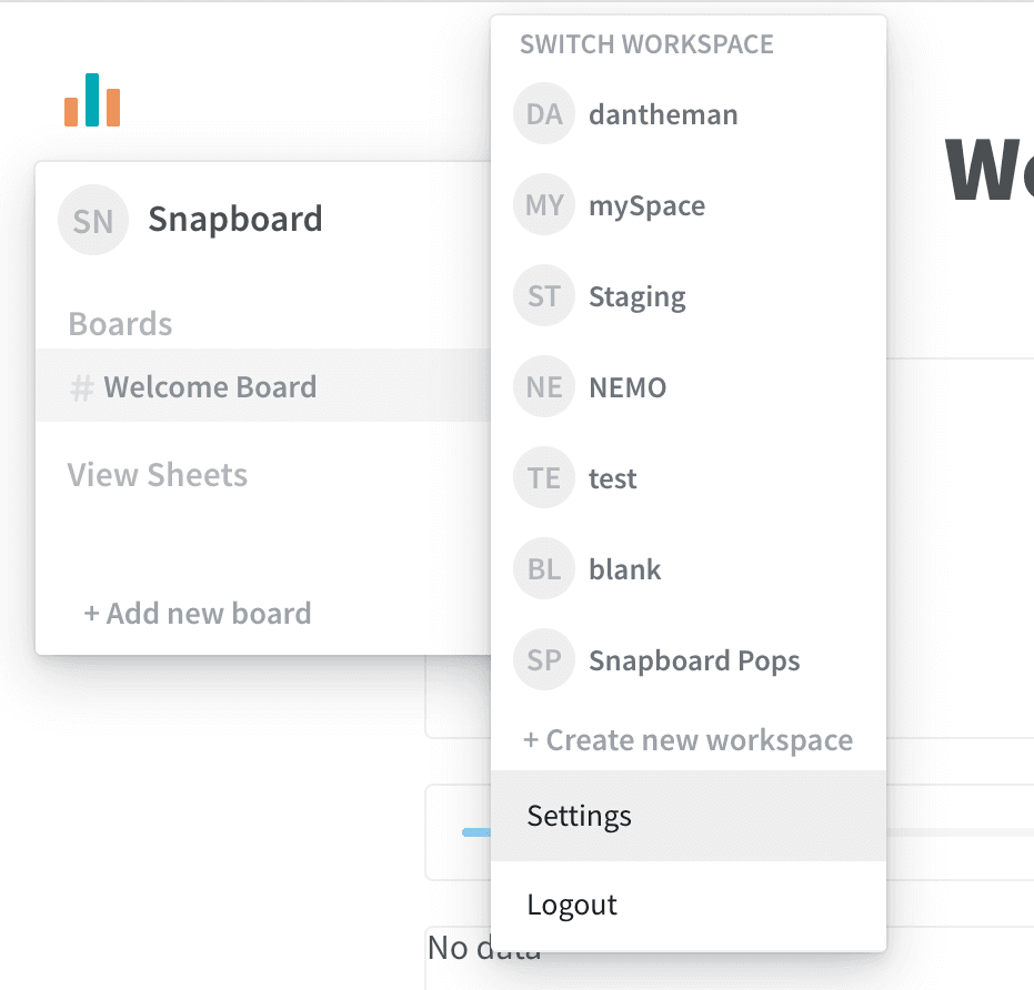 Snapboard menu with workspace switcher and settings options.