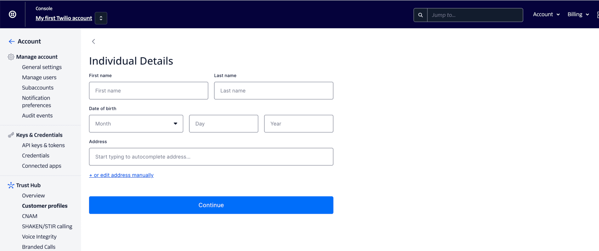 Form for entering individual details including name, date of birth, and address.
