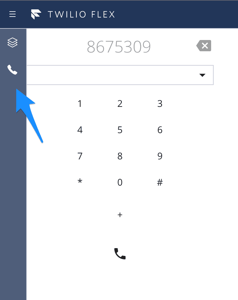 Twilio Flex dialpad with phone icon highlighted and number 8675309 entered.
