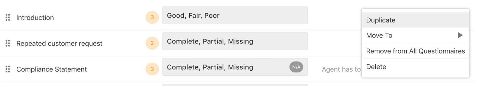 Questionnaire options with choices for introduction, customer request, and agent verification.