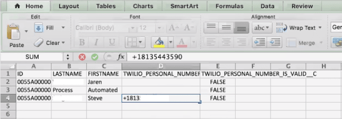 Excel sheet showing Twilio personal numbers with a plus sign, including +1813 for Steve.