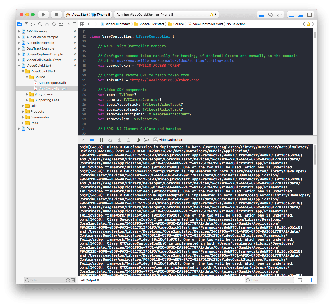 Xcode showing ViewController.swift with video SDK setup and error logs in console.
