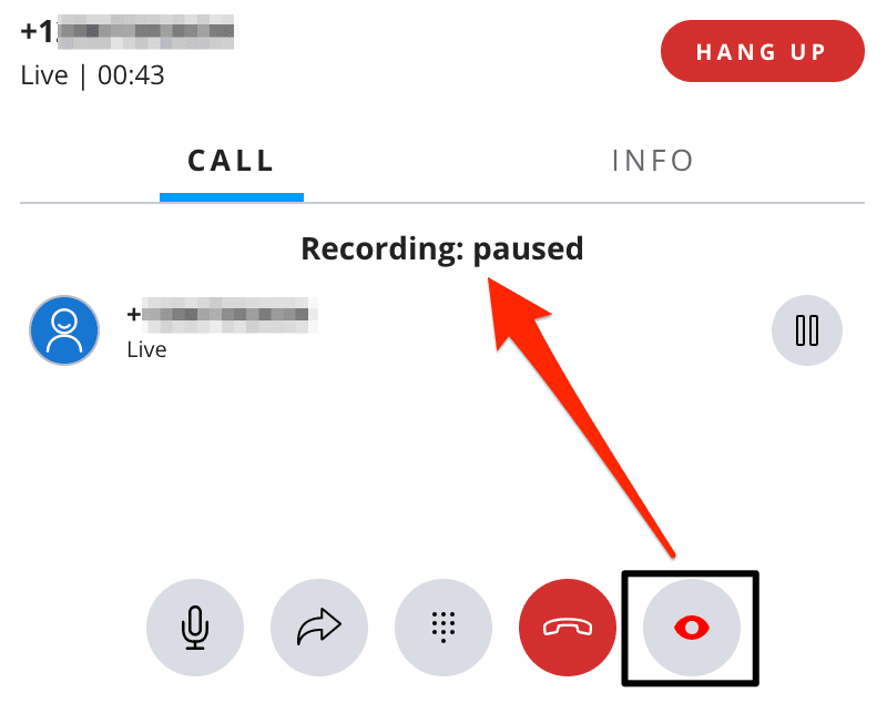 Call interface showing in-progress recording with hang up button highlighted.