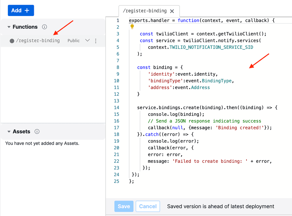 Code editor showing function to register a binding with identity, binding type, and address.