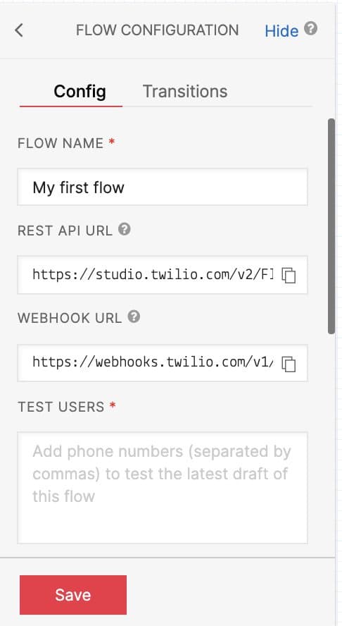 Default Trigger widget: Editable Flow Name 'My first flow'. Auto-populated URLs with copy icons. Add test user numbers.