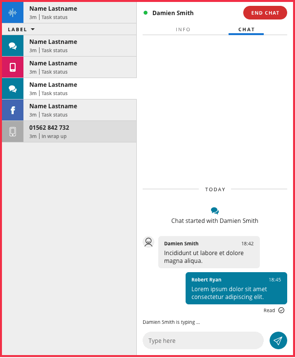 Agent desktop view with chat interface showing conversation with Damien Smith.
