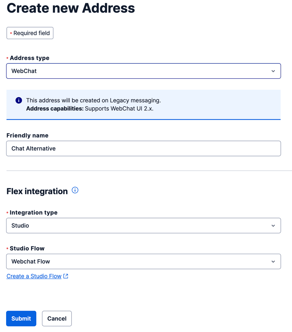 Form to create a new WebChat address with Flex integration options.