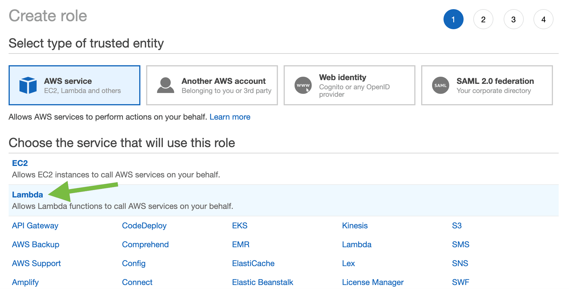 Select AWS Lambda as the trusted entity for the role.