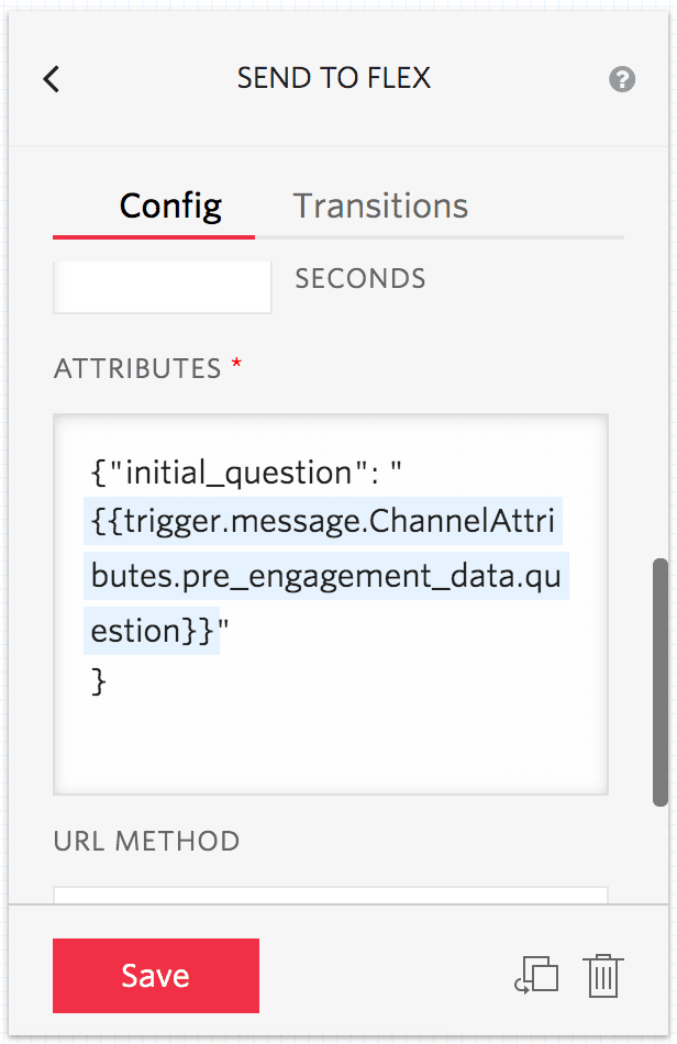 Flex widget configuration with user question in chat attributes field.