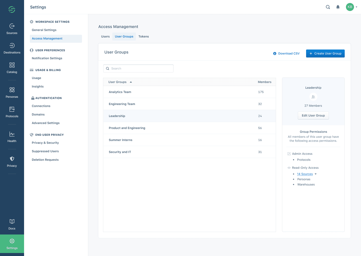 The Access Management settings page, with the User Groups section showing two test audiences and those audiences' member counts.