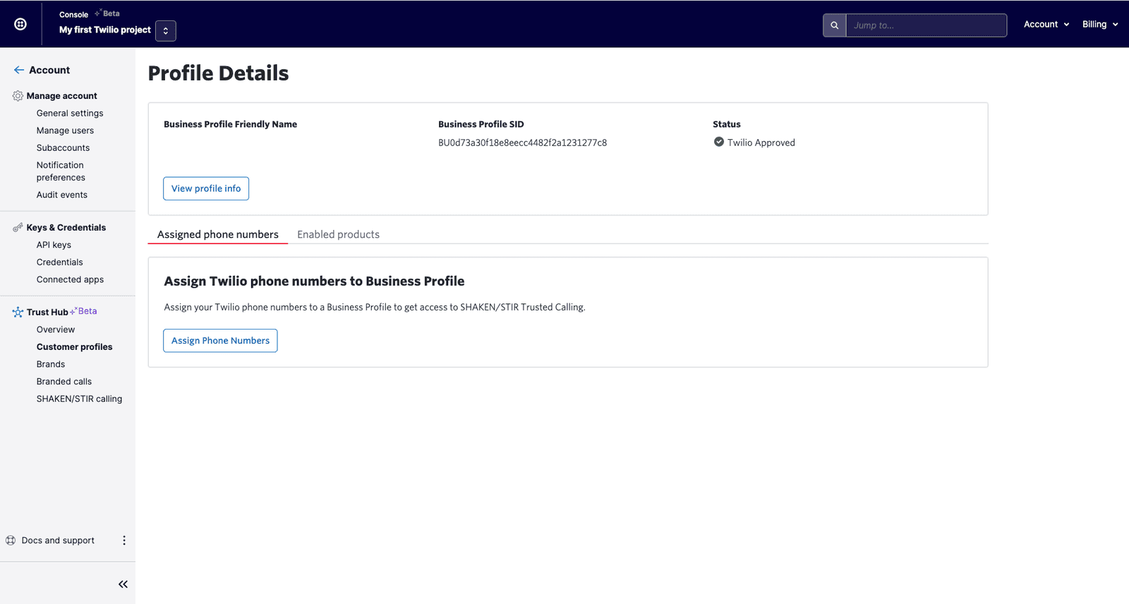 Profile details showing business profile SID and Twilio approved status.