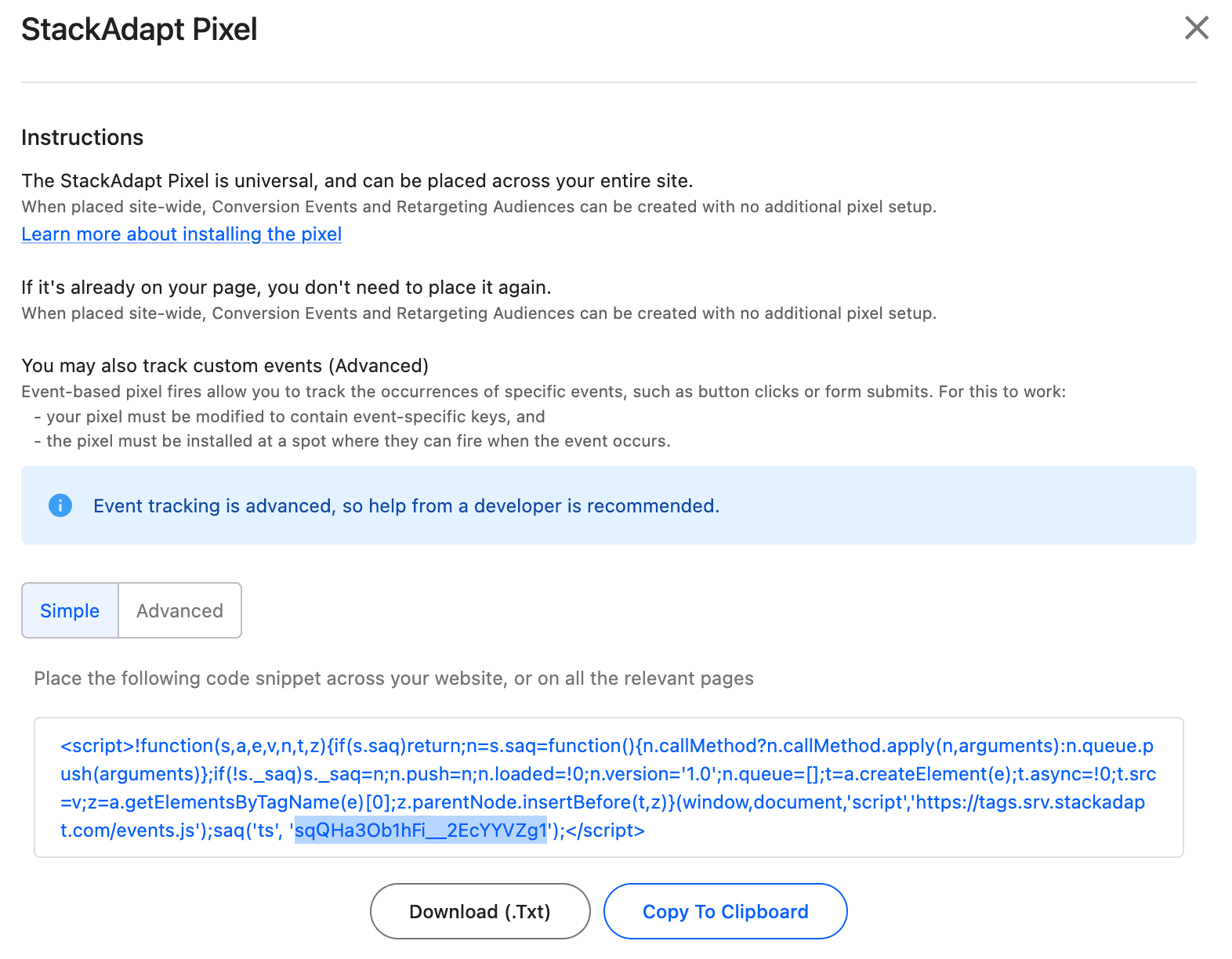 StackAdapt Pixel instructions with code snippet for universal pixel ID.