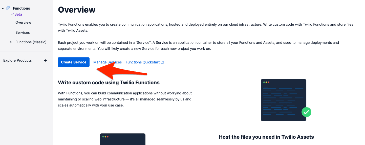 Create Service button highlighted in Twilio Functions overview page.