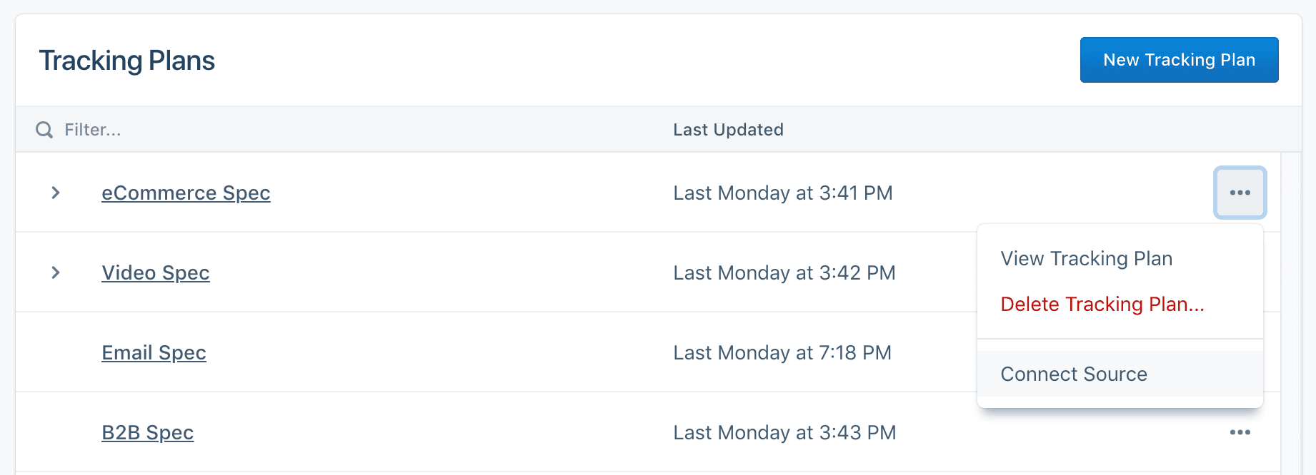 Tracking Plans page with options to view, delete, or connect source for a test Tracking Plan.