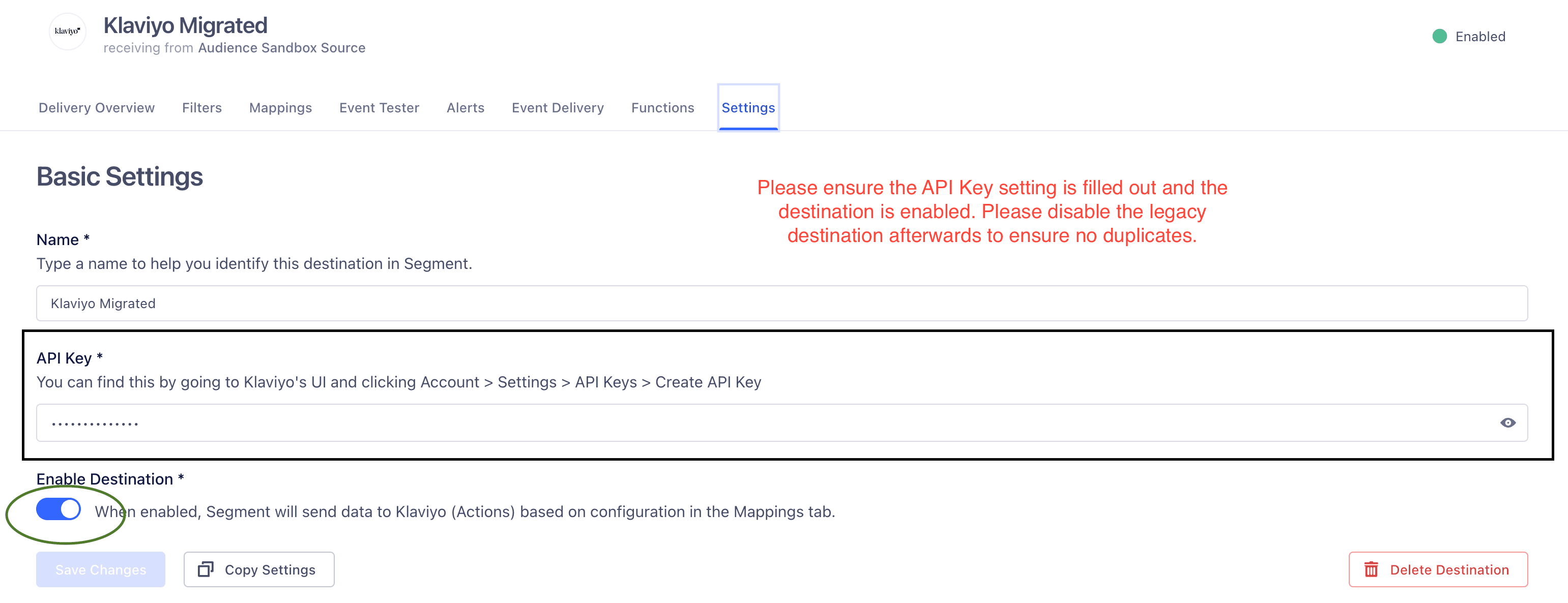 Klaviyo Actions destination settings with API Key field outlined and enable toggle activated.