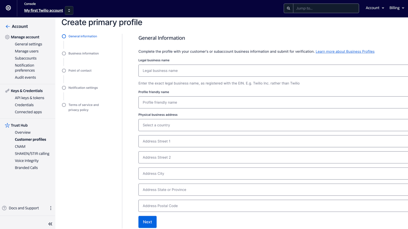 Form to enter business legal name, profile name, and address for verification.