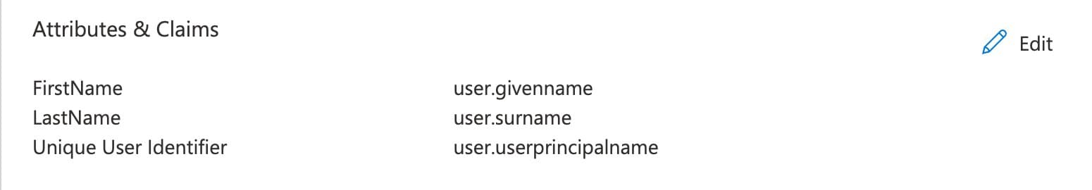 Attributes and Claims with values for FirstName, LastName, and Unique User Identifier.