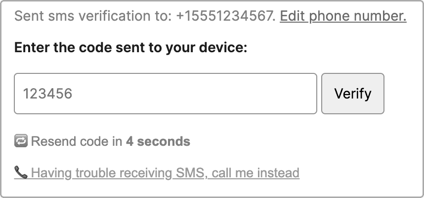 SMS verification sent to partially obscured number, input code 123456 to verify.