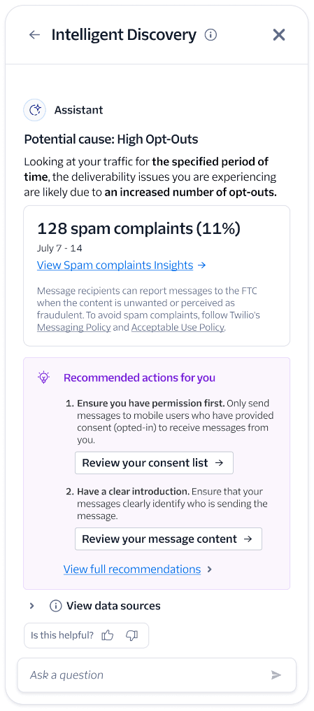 Assistant alert showing 128 spam complaints (11%) with recommendations to review consent list and message content.
